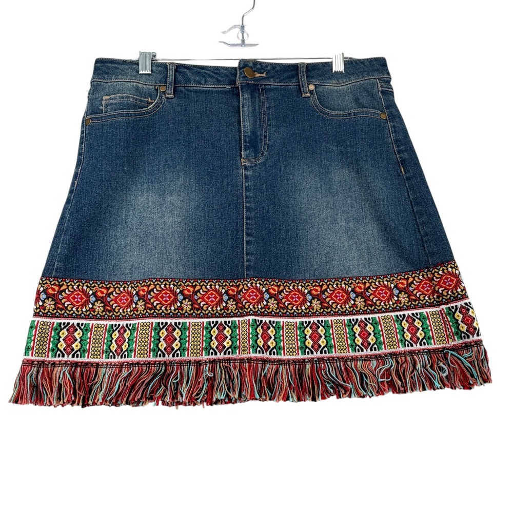 Est. 1946 Denim Mini Skirt Womens 12 Boho Embroidered Tapestry Fringe Festival
